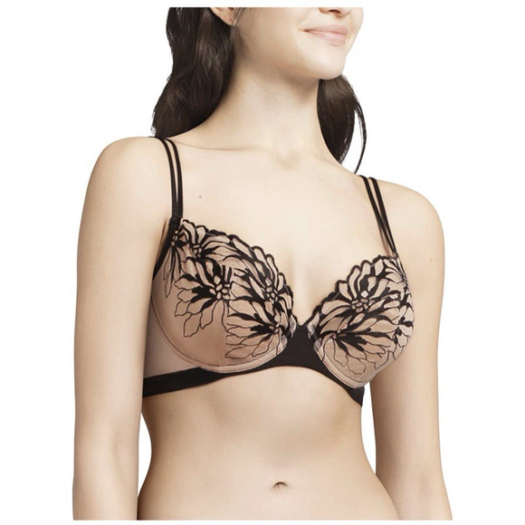 Chantelle Underwired Bra Womens 36F Black Nude Embroidered Floral Sheer Lingerie - Picture 1 of 8